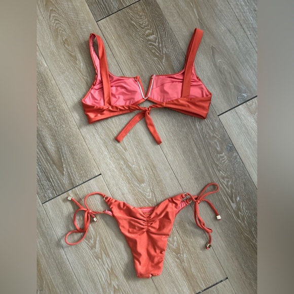 Lettē Beachwear Orange V‑Notch Brazilian Bikini Set, Size M - Picture 3 of 6